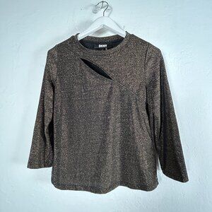 Dkny Women Black Gold Metallic Cutout Front Blouse Top Medium Stretch 3/4 Sleeve